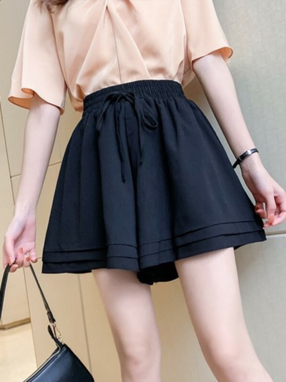 Women Summer High Elastic Waist Wide Leg Drawstring Chiffon Soft Culottes Shorts